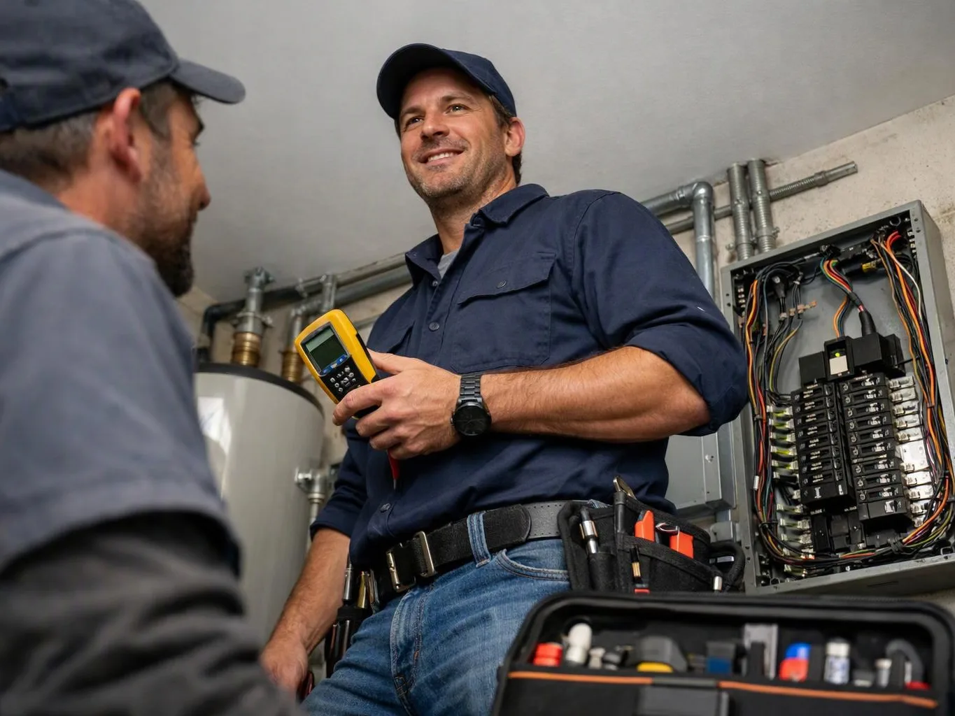 Two utility workers stand beside an open electrical panel, one holding a yellow meter in a utility room