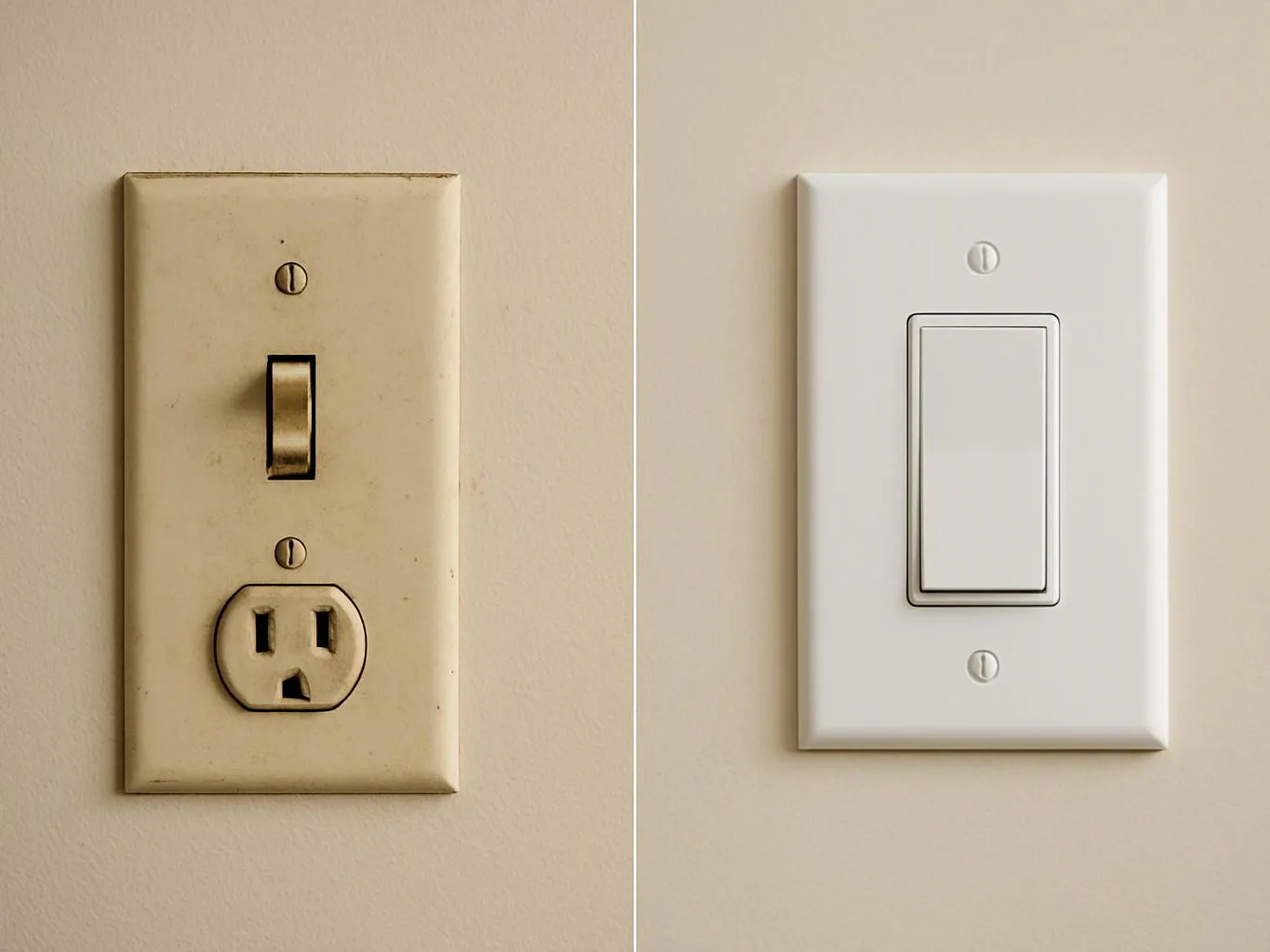 Two wall switches and outlets sit side by side, showing an old beige plate and a modern white one
