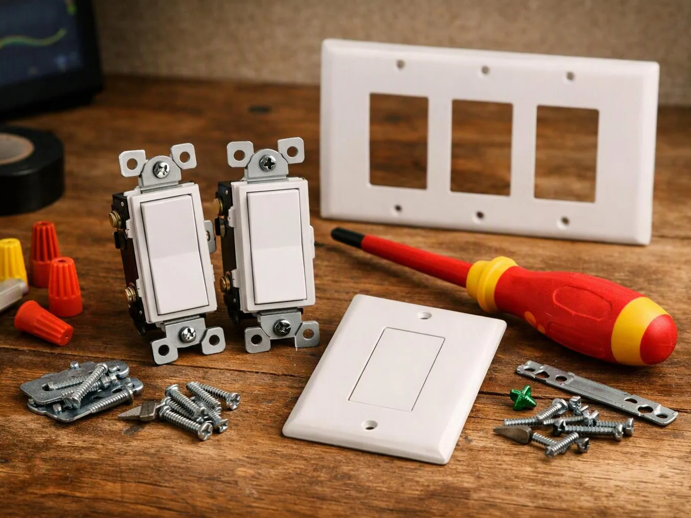 Two white wall switches, a screwdriver, faceplates, and loose screws sit on a wooden workbench
