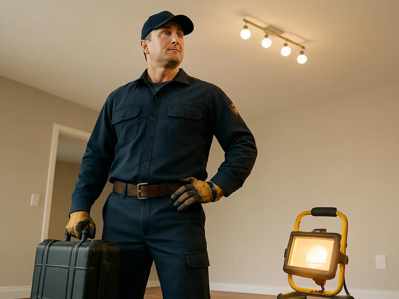 A uniformed worker stands in an empty room holding a black case beside a bright work light