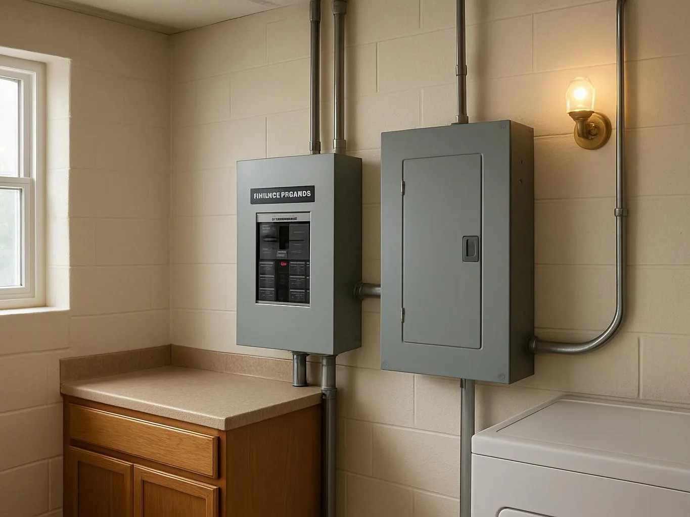 A utility room shows two gray electrical panels, a washer, a counter, and a small window on beige walls