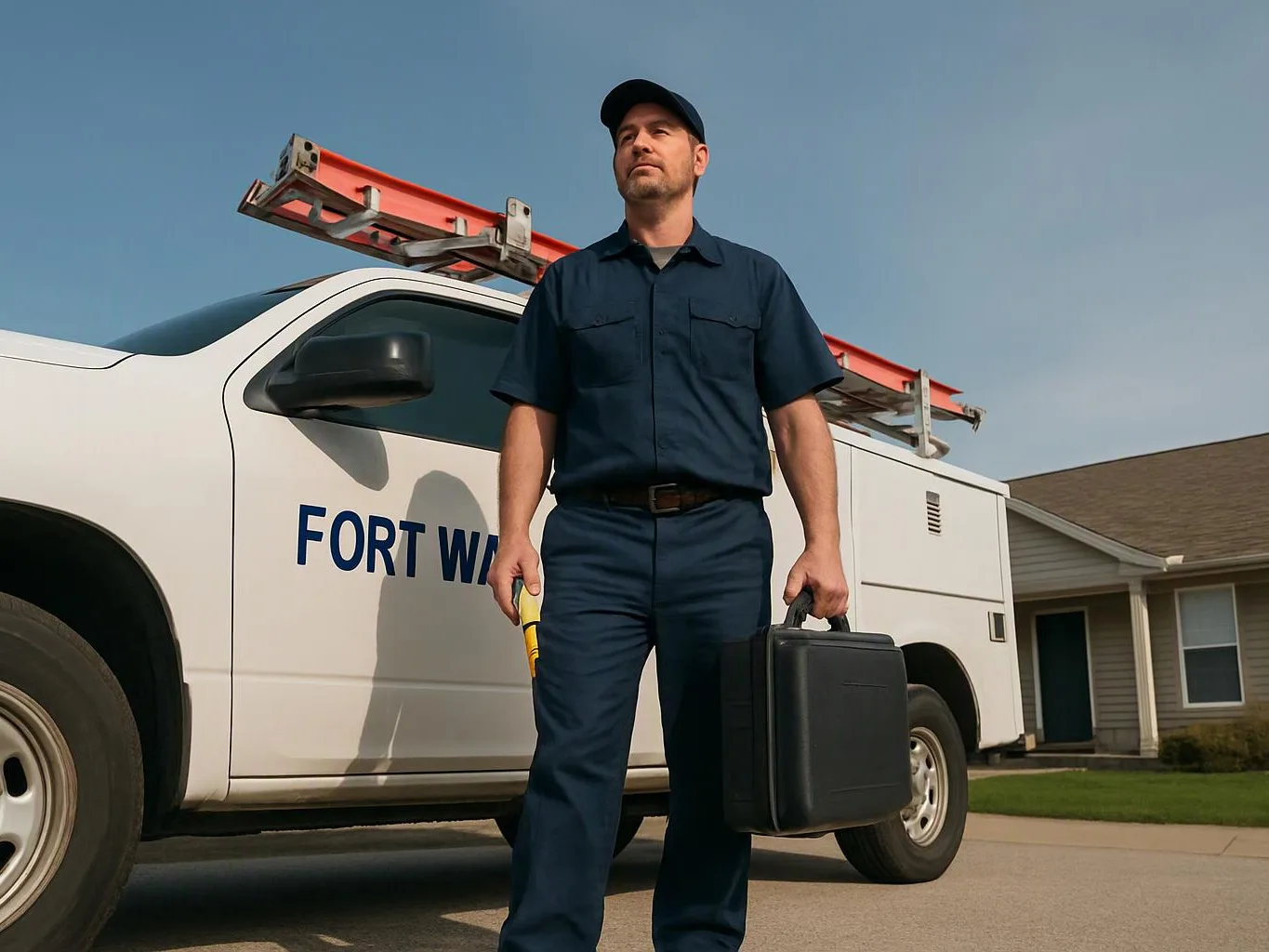 A utility worker stands beside a white service truck, holding a toolbox and a yellow tool in a suburban driveway