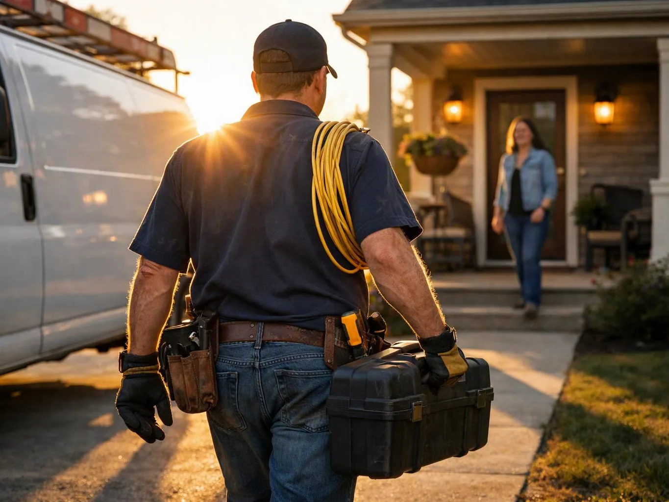 A utility worker walks up a driveway carrying a toolbox and coiled cable toward a house at sunset