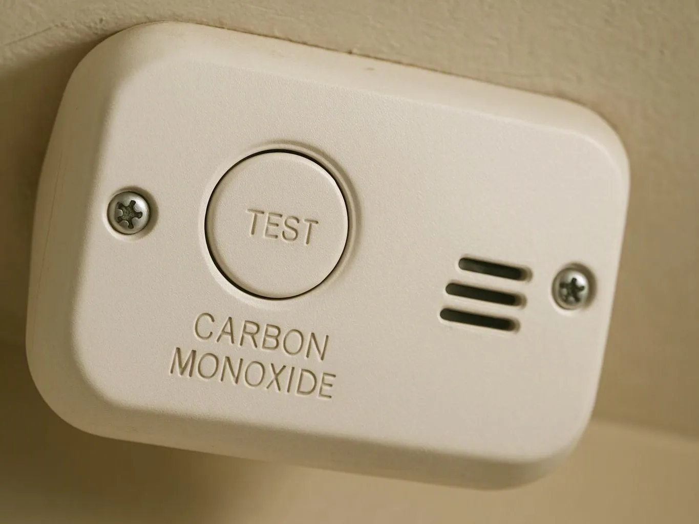 A wall-mounted carbon monoxide alarm shows a TEST button and vent slots on a beige wall