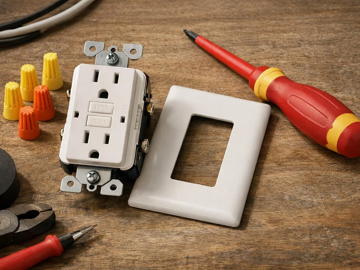 A wall outlet, faceplate, screwdriver, wire nuts, and pliers sit on a wooden workbench