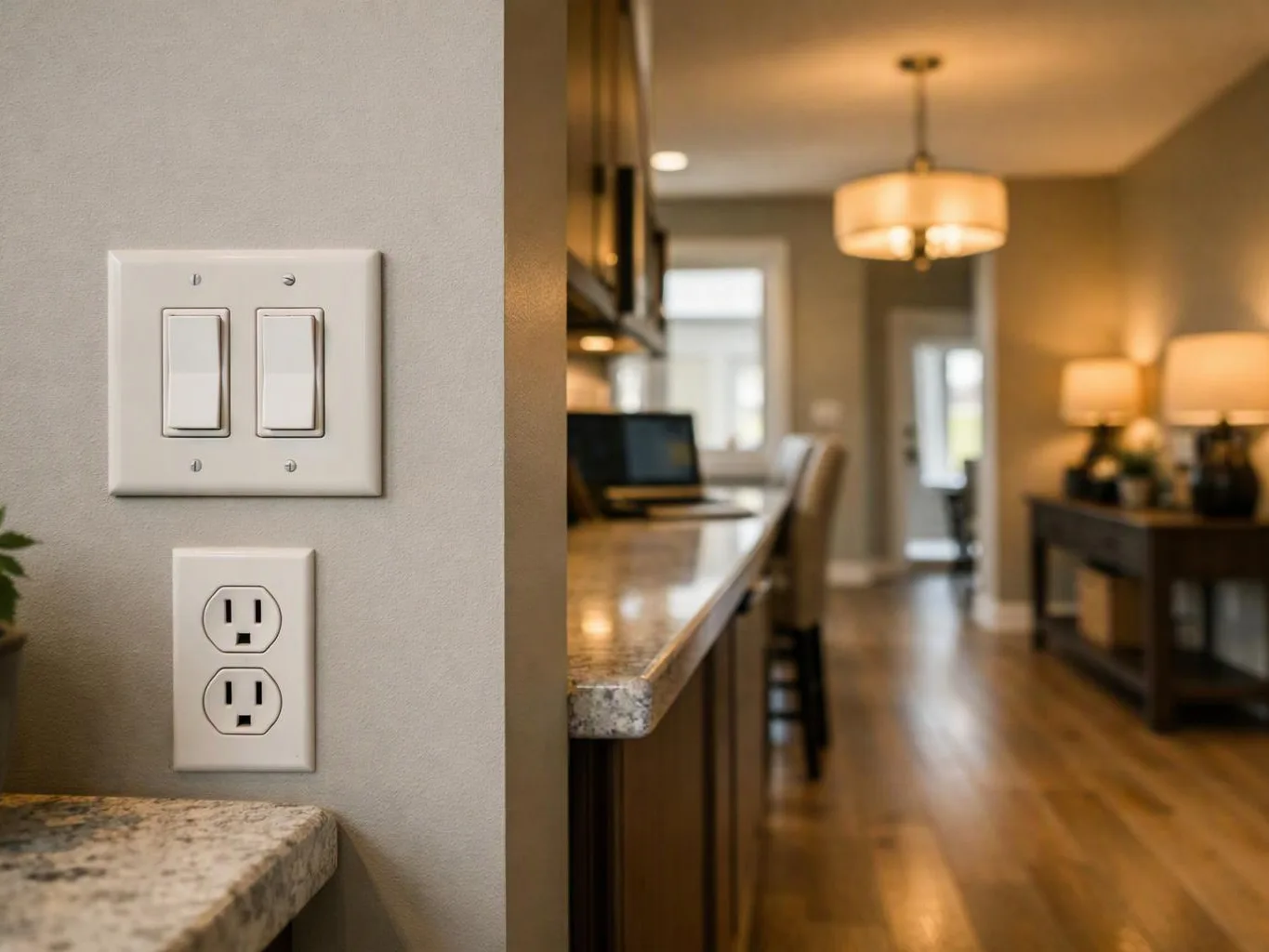 A wall switch and outlet sit beside a blurred kitchen and hallway with warm lighting