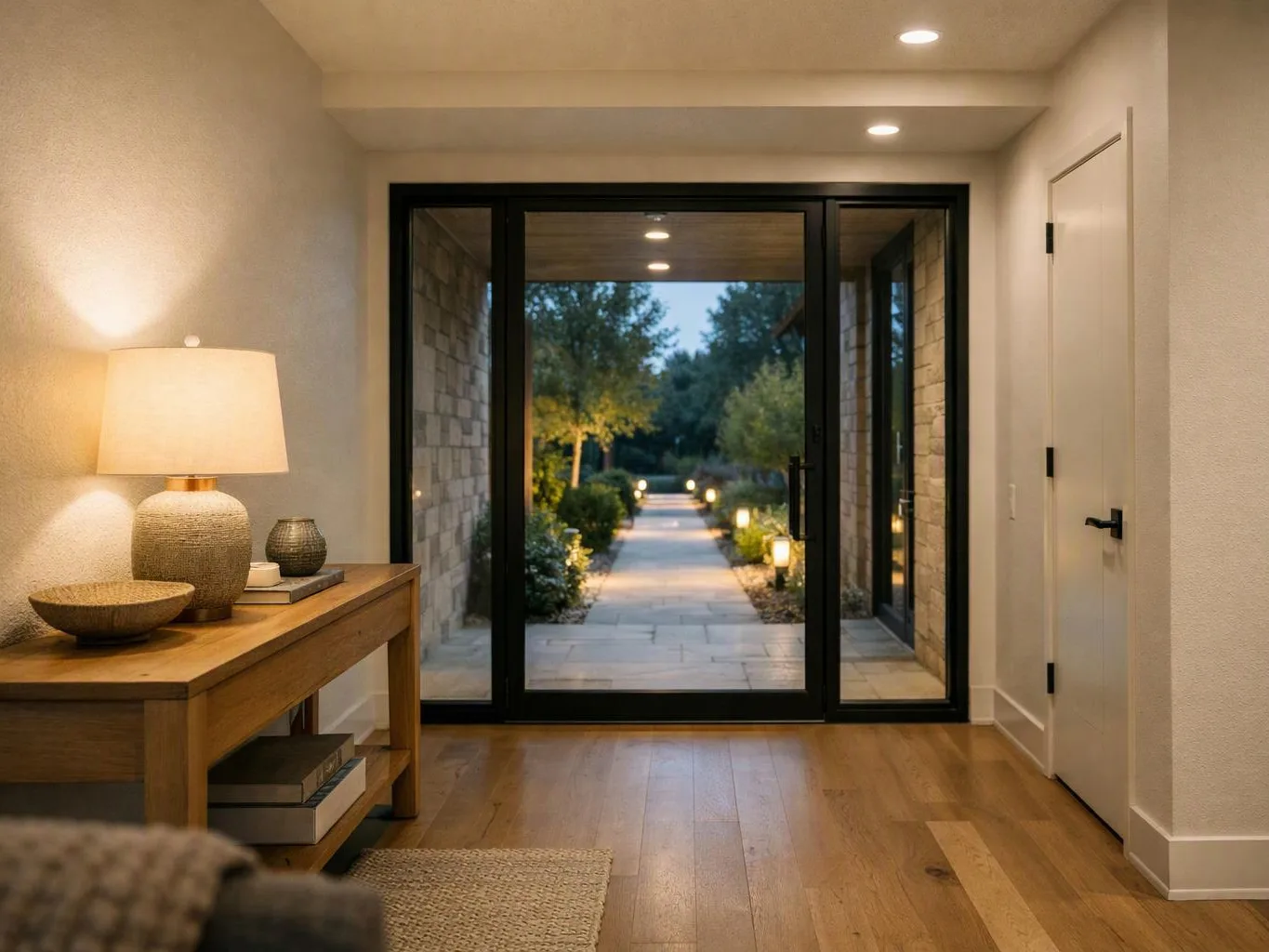 A warm entry hall shows a lit table lamp, wooden floor, and glass doors opening to a garden path