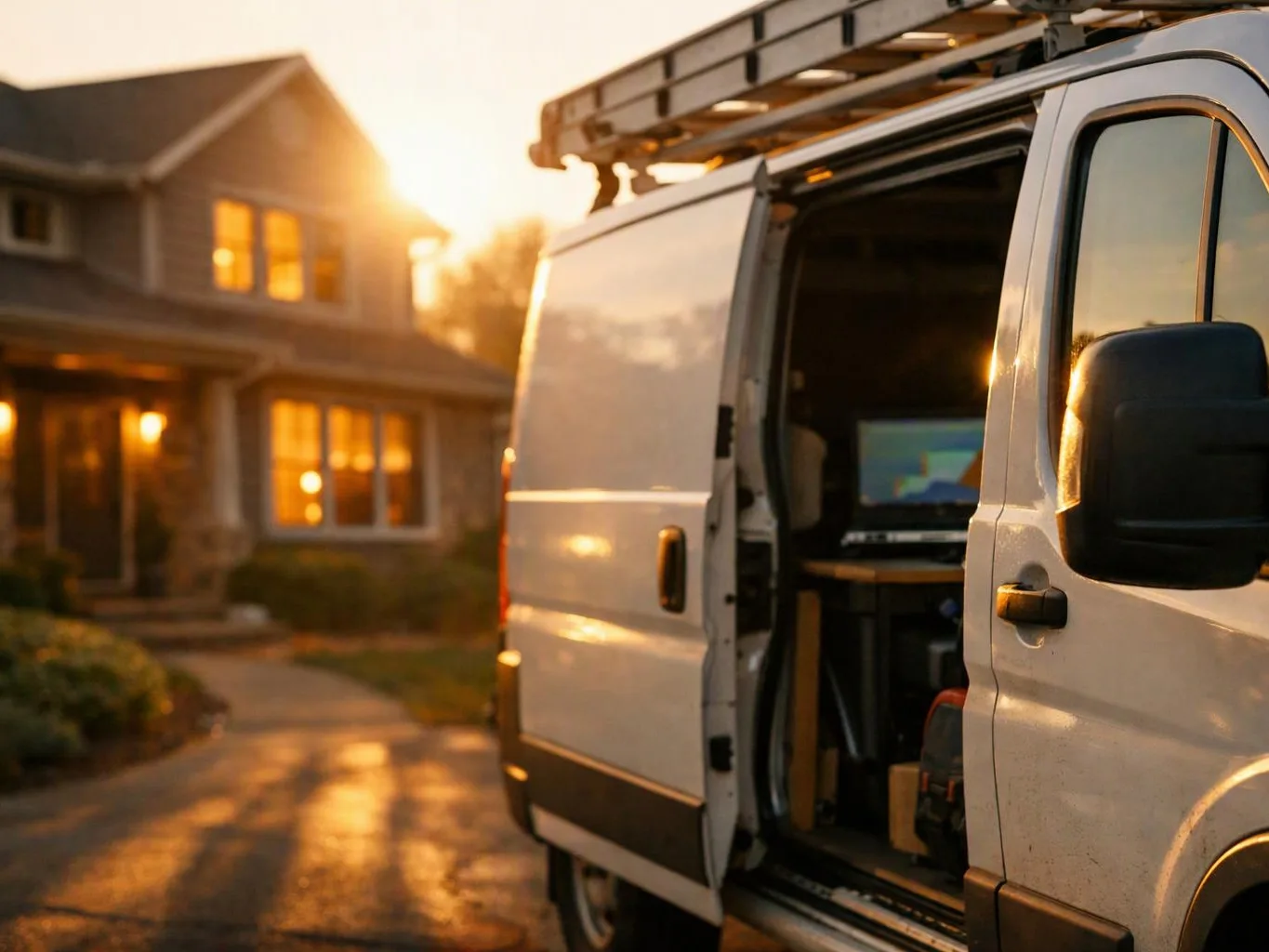 A white cargo van with an open side door sits beside a house at sunset