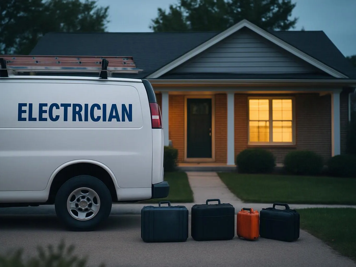 A white electrician van with ladders parked beside a lit house, with tool cases on the driveway