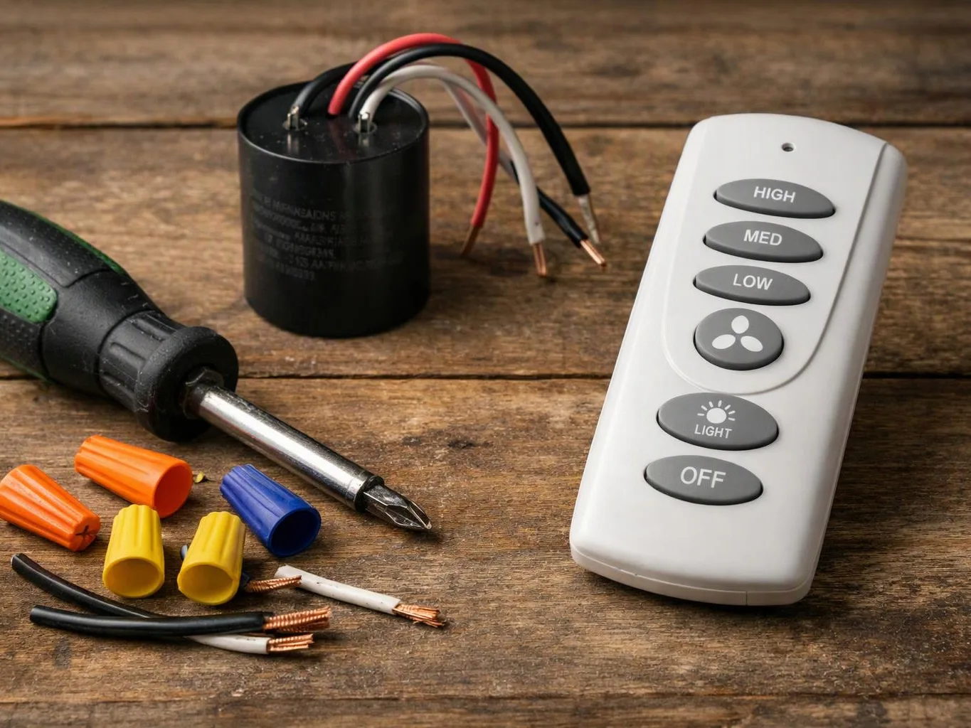A white remote control sits beside a screwdriver, wire connectors, stripped wires, and a black electrical component on wood