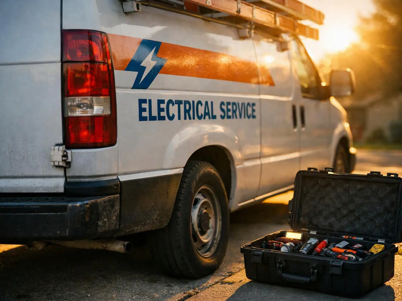 A white service van with a lightning logo is parked beside an open toolbox of electrical tools at sunset