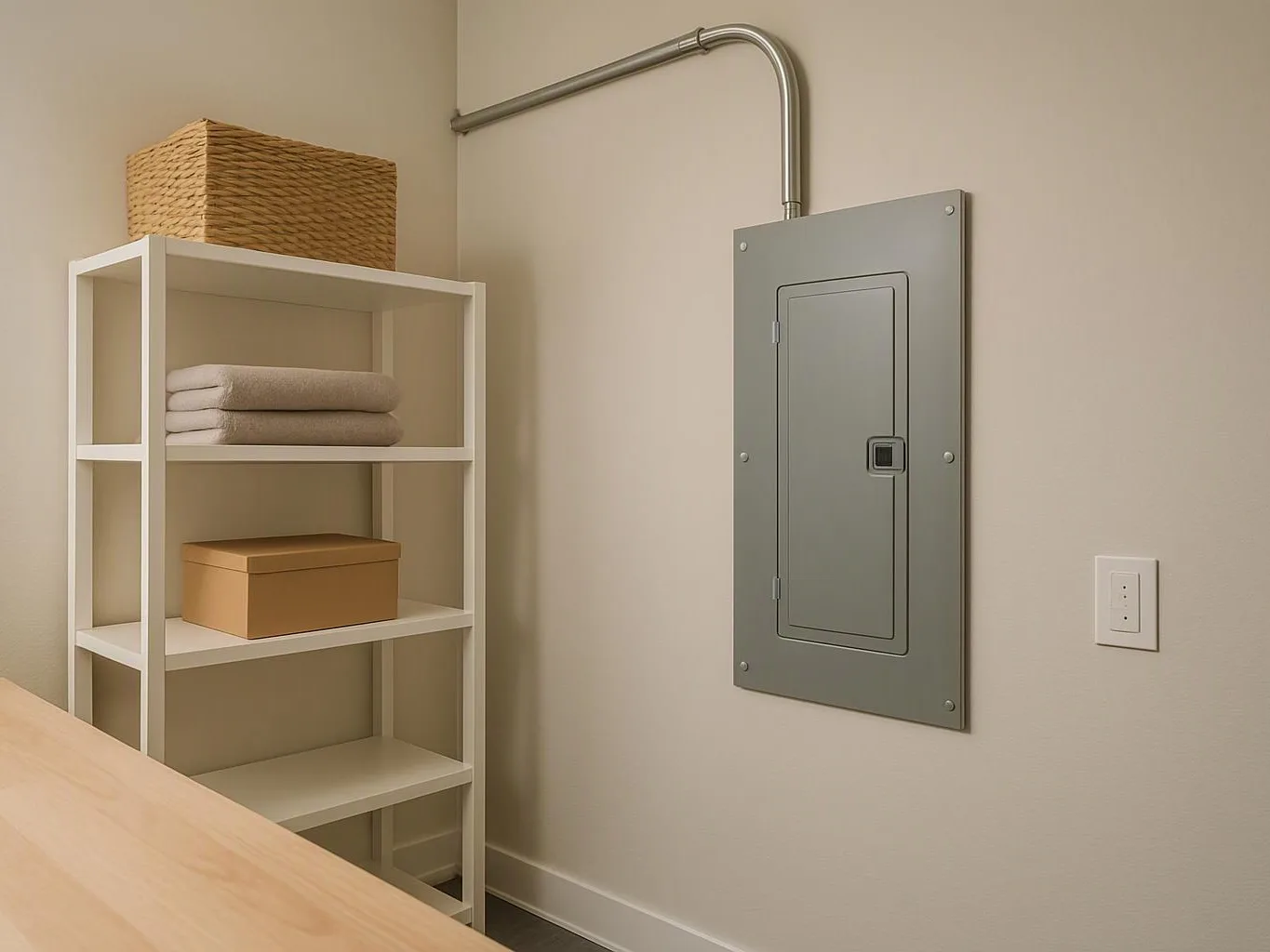 A white shelf with baskets and towels stands beside a gray electrical panel on a beige wall