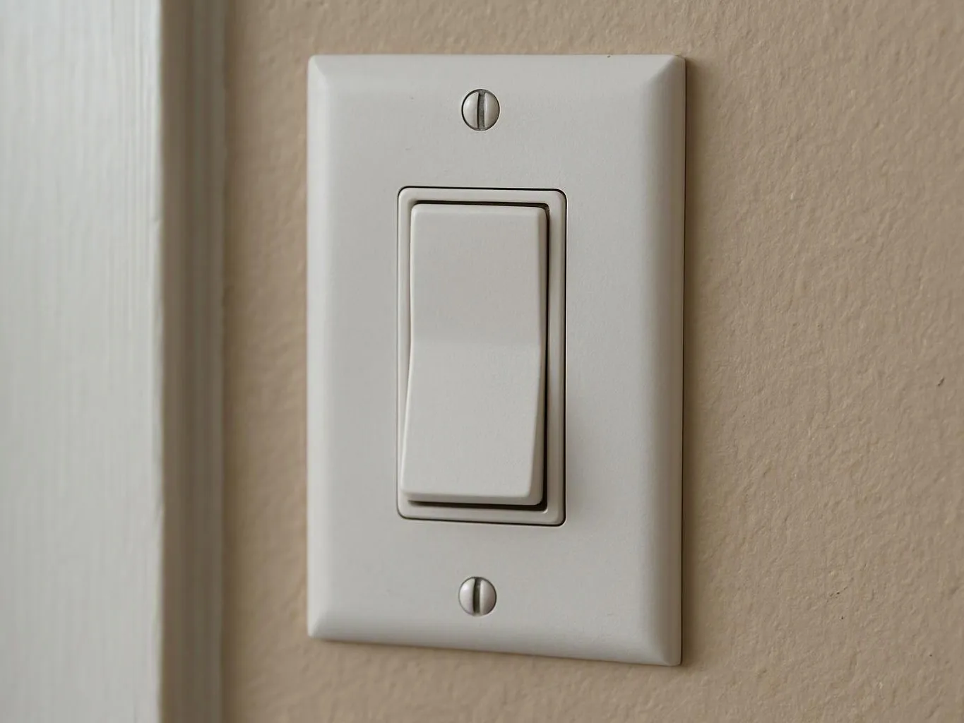 A white wall light switch sits on a beige wall beside a door frame