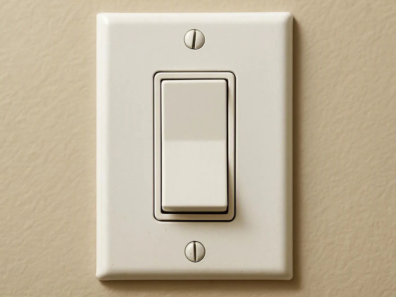 A white wall light switch sits on a beige wall, shown in close-up