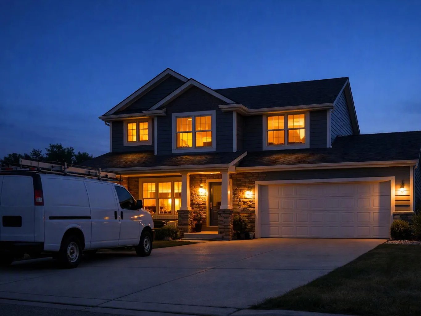 A white work van sits in a driveway beside a lit two-story house at dusk