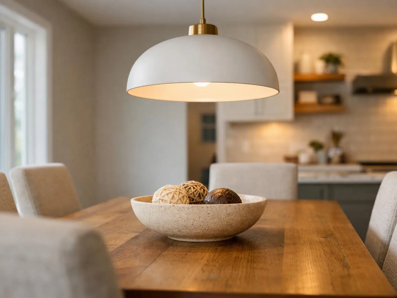 A wooden dining table holds a bowl of decorative balls beneath a white pendant light in a bright kitchen