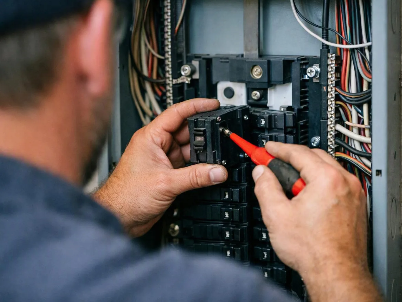 A worker adjusts a circuit breaker inside an electrical panel with a red screwdriver