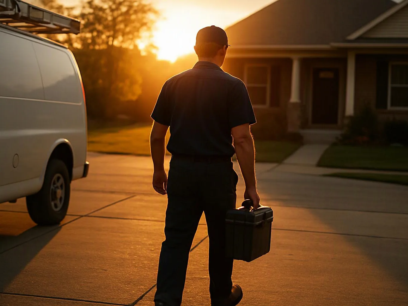 A worker stands in a driveway at sunset, holding a toolbox beside a white van and a house