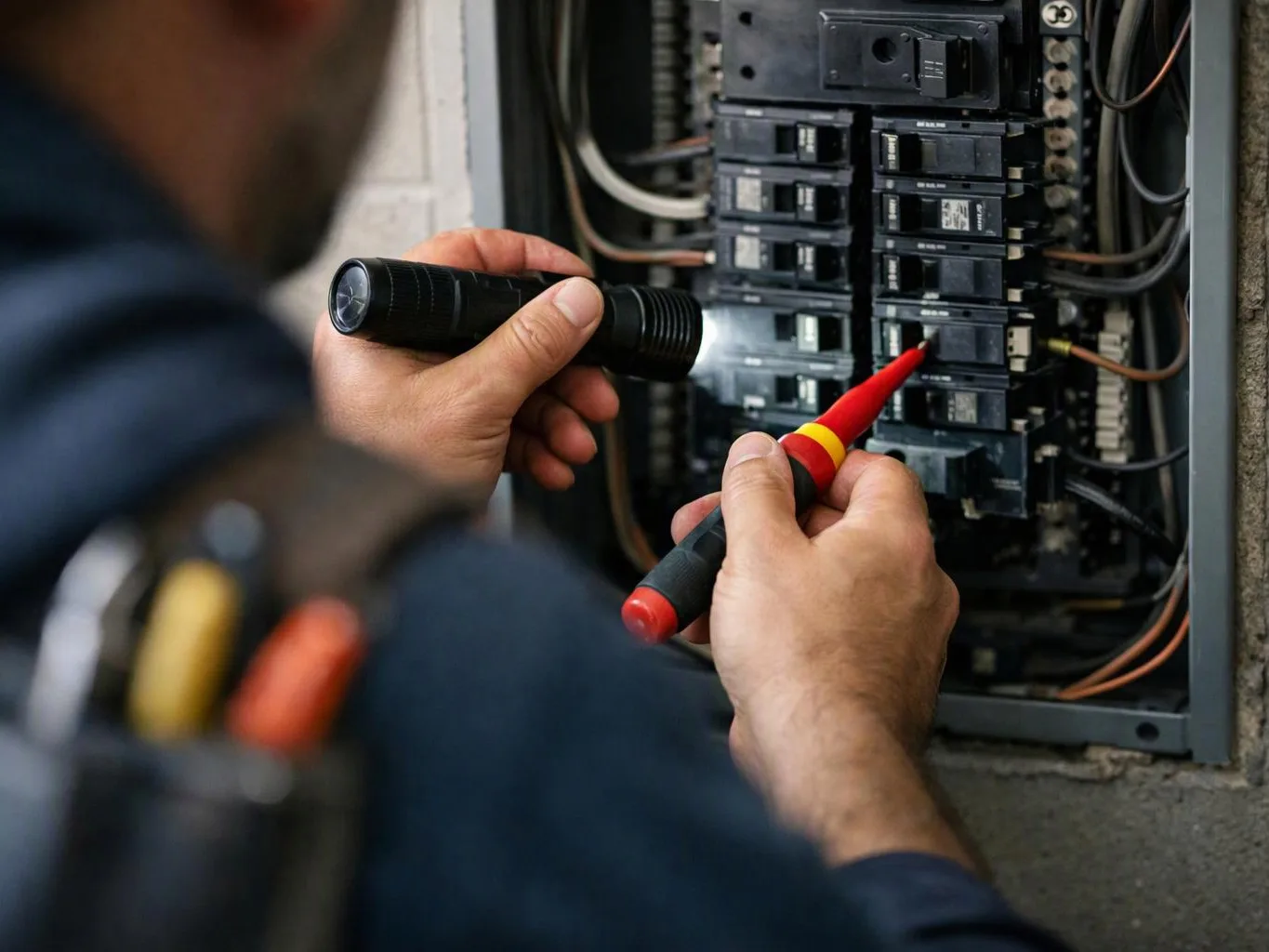 A worker uses a flashlight and voltage tester on an open electrical breaker panel