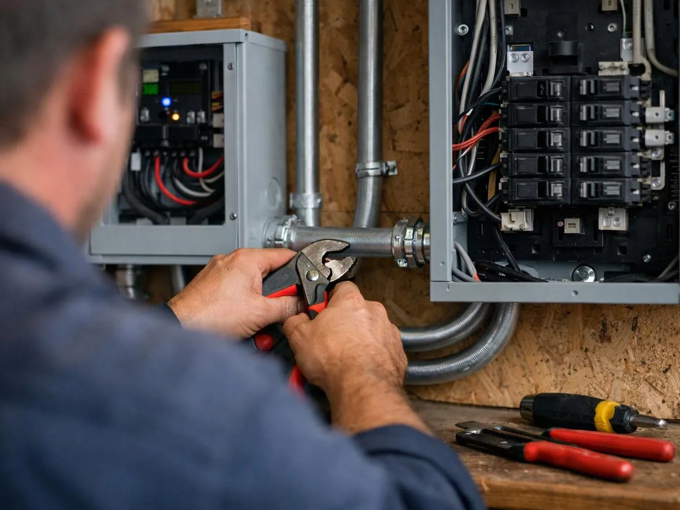 A worker uses pliers to adjust wiring inside open electrical panels in a workshop