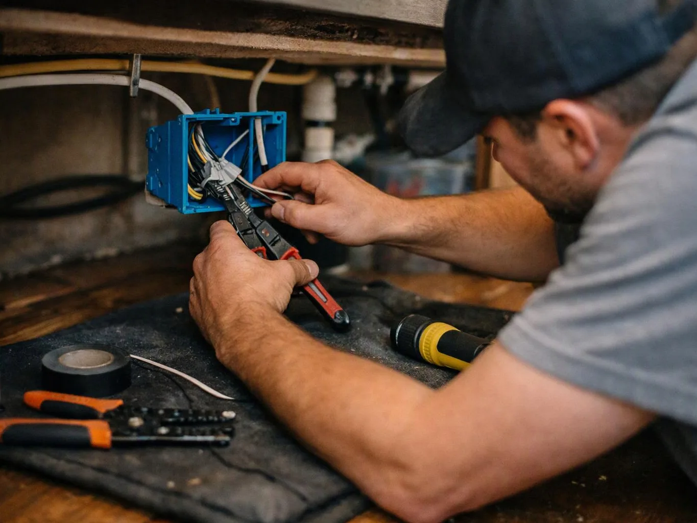 A worker uses pliers to connect wires inside a blue electrical box under a wooden surface