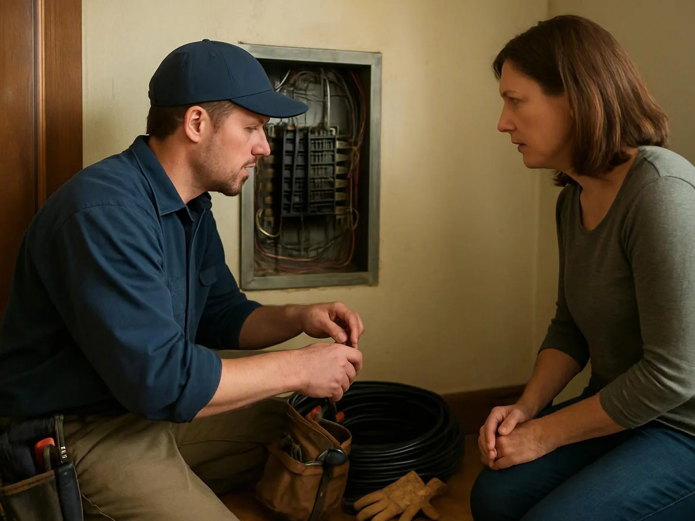 A worker and a woman kneel facing each other beside an open electrical panel with coiled cable and gloves